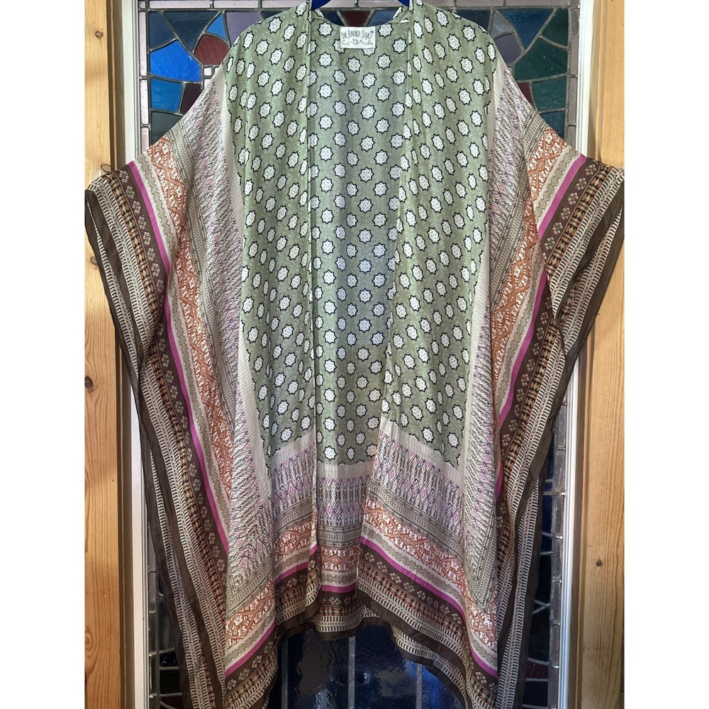 One Hundred Stars Moorish Green Throwover Kimono Viscose One Size Lightweight